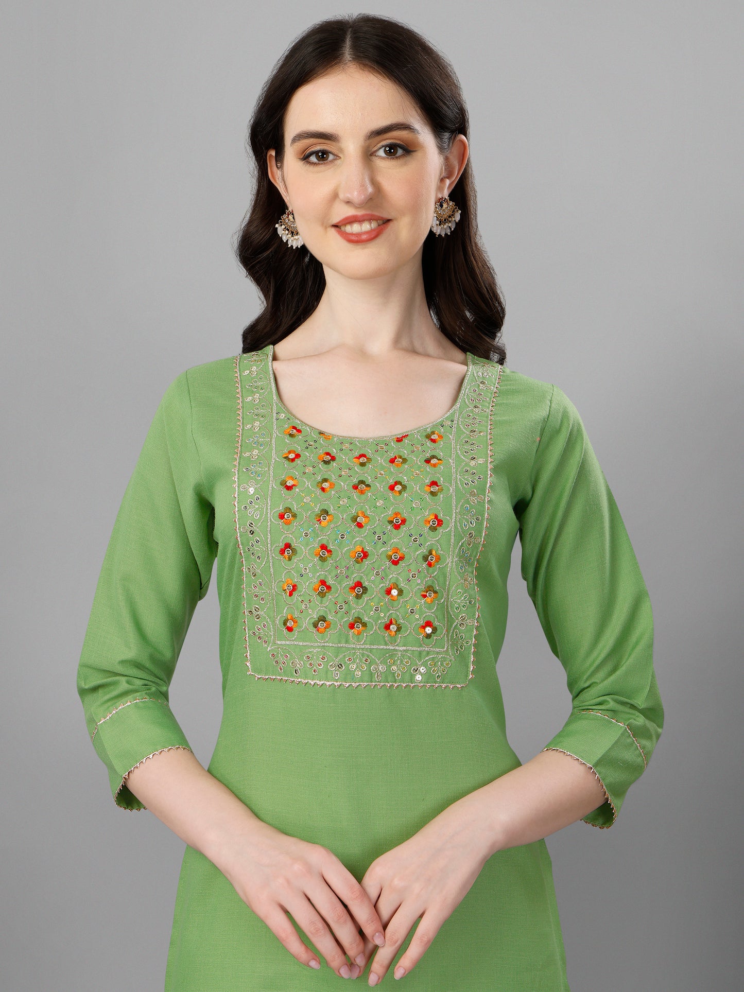 Devi Straight cut Cotton Green Kurti With Beautiful Embroidery Work VK1