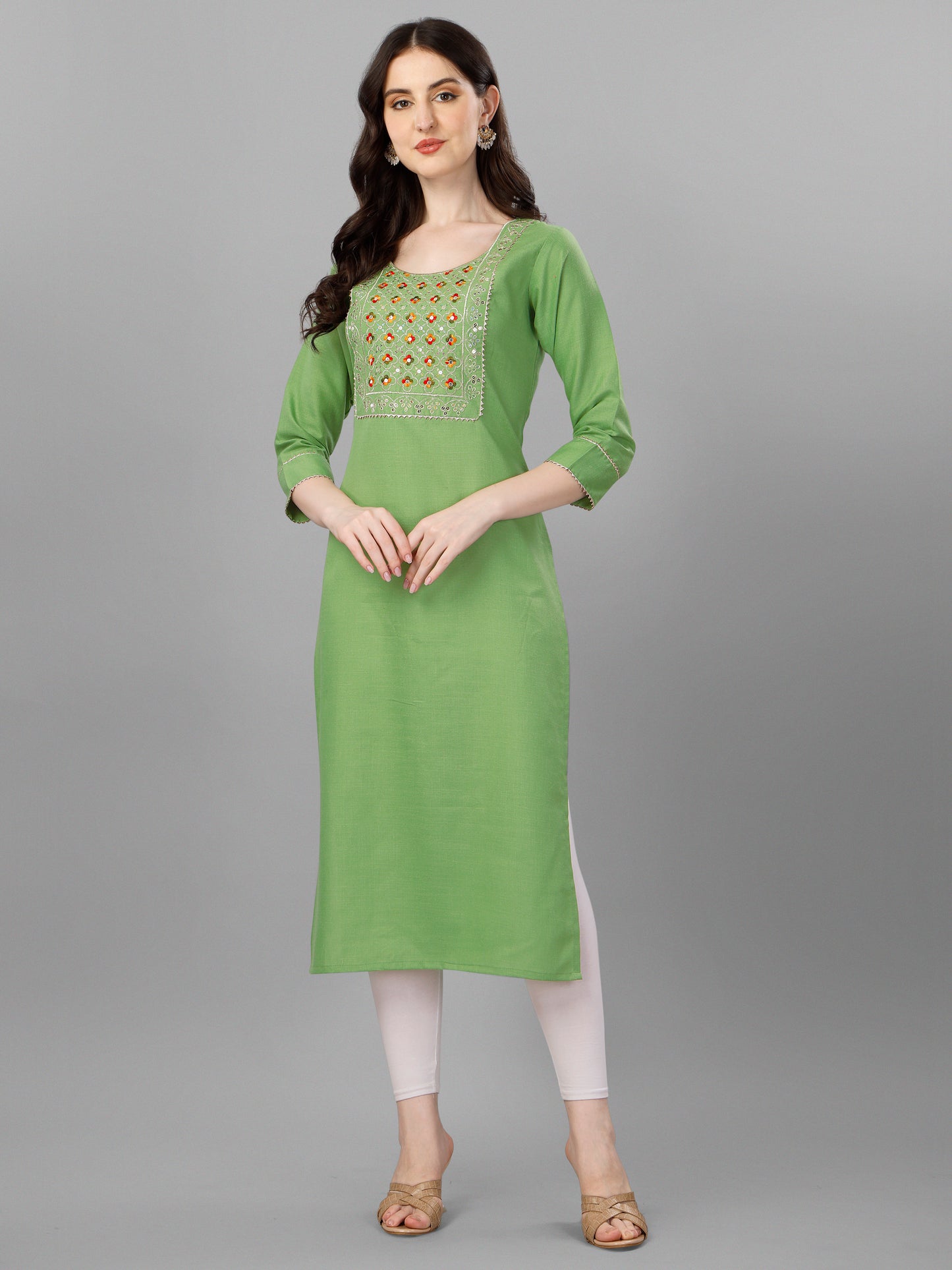 Devi Straight cut Cotton Green Kurti With Beautiful Embroidery Work VK1
