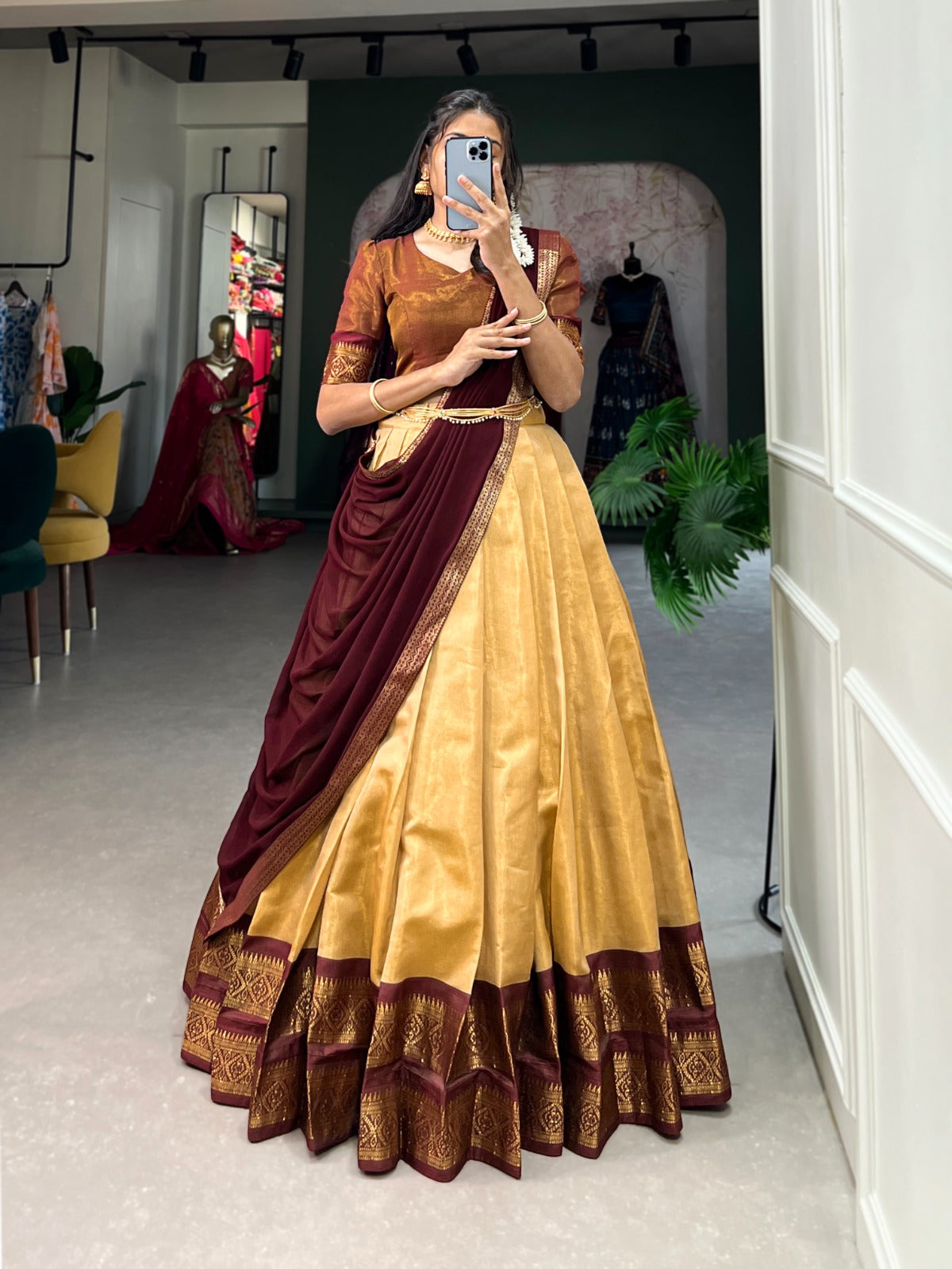 Presenting The South-style Kanchipuram silk lehenga with Zari Weaving Work