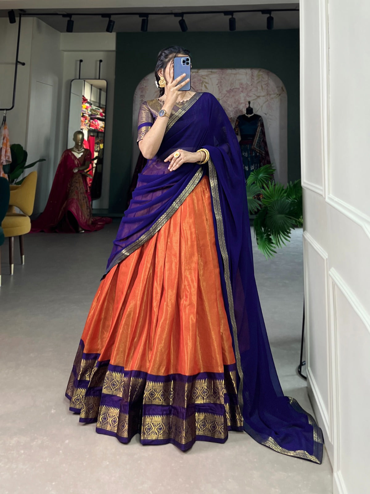 Presenting The South-style Kanchipuram silk lehenga with Zari Weaving Work