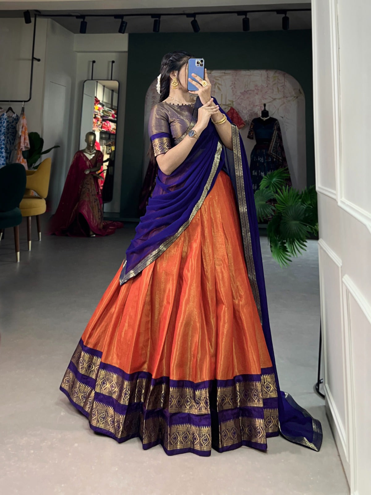 Presenting The South-style Kanchipuram silk lehenga with Zari Weaving Work