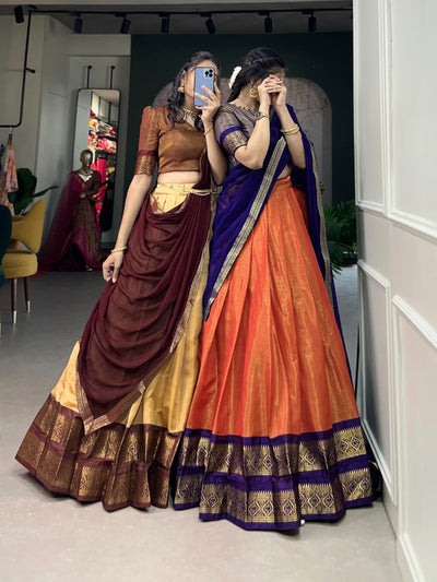 Presenting The South-style Kanchipuram silk lehenga with Zari Weaving Work